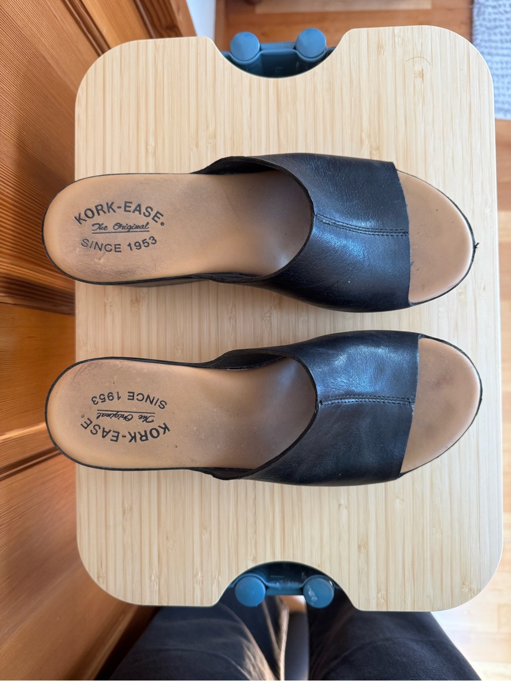 Kork-Ease Black Leather Open-Toe Slide Mules